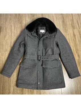 Calvin Klein Wool Coat Gray Black Removable Faux Fur Collar Knit Jacket Mens M